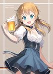  :d alcohol apron beer beer_mug blonde_hair blue_apron blue_eyes breasts character_name cleavage cup dirndl dress german_clothes holding holding_cup hyuuga_azuri iron_cross kantai_collection long_hair looking_at_viewer medium_breasts oktoberfest open_mouth prinz_eugen_(kantai_collection) smile solo twintails underbust waist_apron 