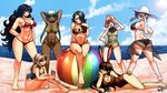  6+girls android ass beach bikini breasts brown_hair butt_crack cinder_fall coco_adel curvy dark_skin emerald_sustrai green_hair jadenkaiba large_breasts multiple_girls neo_(rwby) penny_(rwby) raven_branwen rwby smile swimsuit velvet_scarlatina wide_hips 