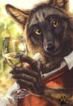  alcohol anthro beverage blotch canine clothing drink food looking_at_viewer male mammal shirt solo wine yellow_eyes 