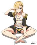  ;) artist_name blonde_hair blush breasts closed_mouth clothes_writing cursive earrings fuck-me_shirt fujimoto_rina full_body heart idolmaster idolmaster_cinderella_girls indian_style jewelry long_hair meme_attire multicolored_hair necklace no_socks nohito o-ring o-ring_top one_eye_closed profanity shoes short_shorts shorts signature simple_background sitting small_breasts smile solo two-tone_hair v_over_eye white_background 