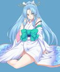  arm_support blue_background blue_hair bow commentary_request detached_sleeves glacies green_bow hair_ornament hiroya_juuren japanese_clothes long_hair looking_at_viewer ponytail sitting solo super_robot_wars super_robot_wars_destiny super_robot_wars_original_generation the_2nd_super_robot_wars_og yellow_eyes yokozuwari 
