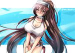  blush breasts brown_eyes brown_hair cosplay embarrassed juurouta kantai_collection large_breasts long_hair looking_to_the_side maru-yu_(kantai_collection) maru-yu_(kantai_collection)_(cosplay) one-piece_swimsuit ponytail solo swimsuit v_arms very_long_hair wavy_mouth white_swimsuit yamato_(kantai_collection) 