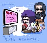  ahoge black_hair black_sclera blonde_hair blush_stickers character_doll coffee_mug cup cyclops doppel_(monster_musume) doppelganger formal horn long_hair manako monster_musume_no_iru_nichijou ms._smith mug multiple_girls necktie one-eyed oni pantyhose purple_hair red_hair seiza shake-o sharp_teeth sitting skirt_suit smile stitches stool suit sunglasses tears teeth television tionishia translation_request twitter_username white_hair yellow_eyes zombie zombina 