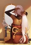  absurdres adjusting_hair back dark_elf dark_skin elf highres long_hair mirror pointy_ears sansei_muramasa shadow sitting solo soukou_akki_muramasa thighhighs very_long_hair white_hair yan_wan 