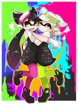  2girls aori_(splatoon) black_dress black_hair commentary domino_mask dress earrings face-to-face fang food food_on_head gloves green_legwear hand_on_shoulder heart hotaru_(splatoon) hug jewelry leg_up long_hair looking_at_viewer mask mole mole_under_eye multiple_girls object_on_head open_mouth paint_splatter pantyhose pointy_ears purple_legwear shoes short_dress short_hair short_jumpsuit smile splatoon_(series) splatoon_1 standing strapless strapless_dress tentacle_hair white_gloves white_hair yuu_p917 