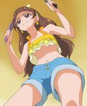  amanogawa_kirara brown_hair earrings from_below go!_princess_precure haruyama_kazunori jewelry long_hair midriff navel panties panty_peek precure purple_eyes shorts solo star star_earrings underwear 