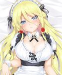  alice_(bishoujo_mangekyou) apron bed_sheet bishoujo_mangekyou blonde_hair blue_eyes blush breasts cleavage closed_mouth detached_collar expressionless happoubi_jin head_tilt large_breasts long_hair looking_at_viewer lying maid maid_apron maid_headdress on_back short_sleeves solo tears underbust upper_body wrist_cuffs 