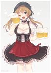  alcohol beer beer_mug blonde_hair breasts cup dirndl german_clothes head_scarf holding holding_cup kantai_collection large_breasts long_hair looking_at_viewer one_eye_closed open_mouth prinz_eugen_(kantai_collection) riruno smile solo twintails twitter_username 