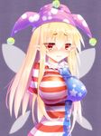  american_flag_dress arms_behind_back blonde_hair blush breasts clownpiece crying crying_with_eyes_open fairy_wings full-face_blush hat jester_cap large_breasts long_hair looking_at_viewer open_mouth pointy_ears short_sleeves solo star striped tears touhou upper_body wings z.o.b 