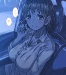  breasts brown_eyes brown_hair car cleavage ground_vehicle kaqo large_breasts looking_at_viewer motor_vehicle pov short_hair solo translated 