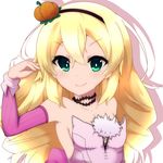  blonde_hair blush choker commentary_request detached_sleeves dungeon_travelers_2 erthuricia_vitor_de_ritzhevin food_themed_hair_ornament green_eyes hair_ornament hairband long_hair pumpkin pumpkin_hair_ornament simple_background solo swscout1222 white_background 