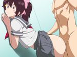  1girl 4st_injection against_wall ass black_hair blush censored clothed_female_nude_male highres legs long_hair majin_bone mosaic_censoring navel pink_eyes ponytail school_uniform sex shimatani_saho skirt skirt_lift solo_focus sweat thighs vaginal 