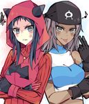  anger_vein bandanna bare_shoulders black_gloves blue_eyes blue_hair breasts brown_eyes brown_hair crop_top dark_skin gloves highres hood hoodie horned_headwear kvlen midriff multiple_girls musical_note npc_trainer pokemon pokemon_(game) pokemon_oras quaver ribbed_sweater smile striped sweater team_aqua team_aqua_grunt team_aqua_grunt_(remake) team_magma team_magma_grunt team_magma_grunt_(remake) tongue tongue_out 