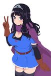  belt black_hair blush breasts cape circlet cleavage dragon_quest dragon_quest_iii gloves hanauna hero-chan_(hanauna) heroine_(dq3) highres large_breasts long_hair looking_at_viewer purple_eyes roto simple_background smile solo sweat sweatdrop thighhighs v white_background zettai_ryouiki 