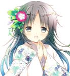  :d black_eyes black_hair floral_print flower hair_flower hair_ornament hands_clasped hands_together japanese_clothes kimono looking_at_viewer natsuki_coco open_mouth original own_hands_together smile solo yukata 