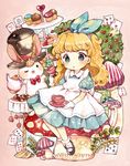  alice_(wonderland) alice_in_wonderland apron blonde_hair blue_eyes blush bow bowtie bunny bush cake card checkerboard_cookie child cookie cup cupcake dress food gloves hair_ribbon hairband hat long_hair mary_janes mokarooru mushroom oversized_object playing_card ribbon shoes short_sleeves socks solo teacup teapot tiered_tray top_hat white_rabbit 