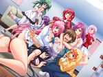  6+girls ass blush breasts cleavage duck_costume glasses green_hair harem kono_mama_ja_ane_to_sex_shite_shimau!? large_breasts multiple_girls ole-m open_mouth pink_hair purple_hair red_hair shirt siblings sisters white_shirt 
