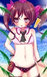  beach bikini blush bow brown_hair checkered checkered_bikini day hair_bow hat heart heart-shaped_pupils himekaidou_hatate matasabu navel purple_eyes solo swimsuit symbol-shaped_pupils tokin_hat tongue tongue_out touhou twintails 