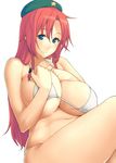  alternate_costume belly beret bikini blue_eyes blush braid breast_lift breasts commentary_request hat hiroya_juuren hong_meiling large_breasts long_hair looking_at_viewer navel plump red_hair skindentation smile solo star swimsuit thighs touhou twin_braids white_background white_bikini 