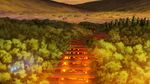  fushimi_inari_taisha highres hill house landscape lens_flare niko_p no_humans original scenery sky sunset torii tree 