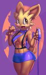  2015 :d anthro anthrofied areola blush breasts brown_eyes brown_fur canine clothed clothing collar cute dog elpatrixf female fist fur leash lillipup looking_at_viewer mammal midriff navel nintendo open_mouth pink_nose pok&eacute;mon purple_background raised_arm shadow simple_background skimpy skirt smile solo standing tongue video_games 