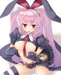  animal_ears areolae belt blush breasts bunny_ears clock dungeon_travelers_2 gloves headband large_breasts lilian_craper long_hair mame-p necktie open_mouth panties pantyshot pink_hair red_eyes skirt solo star striped striped_legwear tape_on_nipples thighhighs twintails underwear very_long_hair 