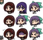  2boys 3girls ata_swanport blue_eyes blue_hair brown_eyes brown_hair chibi gundam gundam_card_builder gundam_lost_war_chronicles gundam_ms_front_0079 gundam_zeonic_front headset hirowa_nagi hoa_blanchett larry_radley long_hair military_uniform multiple_boys multiple_girls noel_anderson uniform 