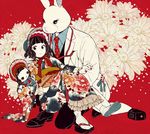  animal_head black_hair bonnet bunny bunny_head carrying doll flower formal hanaze japanese_clothes kimono nail_polish necktie okobo original princess_carry red_background red_nails ringlets suit tabi white_suit yellow_eyes yukata 