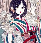  bangs black_hair brown_eyes center_part commentary_request flower hair_flower hair_ornament hanaze hydrangea japanese_clothes kimono leaf looking_at_viewer nail_polish obi open_mouth original parted_bangs plant sash short_hair solo striped 