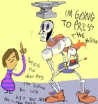  anvil bone boots cape clothing duo english_text footwear human male mammal not_furry papyrus_(undertale) protagonist_(undertale) skeleton text undertale unknown_artist 