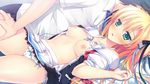  1girl blonde_hair bow bow_bra bow_panties bra bra_lift breasts chibana_ryoka embarrassed green_eyes kimi_no_tonari_de_koishiteru! long_hair medium_breasts motomiya_mitsuki nipples open_clothes open_mouth open_shirt panties school_uniform shirt side-tie_panties underwear white_bra white_panties 