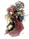  1girl armor back-to-back dissidia_final_fantasy eun_se final_fantasy final_fantasy_xiii gloves lightning_farron long_hair nomura_tetsuya_(style) pink_hair transparent_background warrior_of_light watermark web_address white_hair 