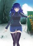  glasses highres long_hair ootori_chacha purple_hair seseri7th shorts solo thighhighs tokyo_7th_sisters wavy_hair 