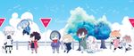  5boys amamiya_hibiya bad_id bad_pixiv_id black_hair blue_hair brown_hair chibi dress ene_(kagerou_project) green_hair headphones highres hood hoodie kagerou_project kano_shuuya kido_tsubomi kisaragi_momo kisaragi_shintarou konoha_(kagerou_project) kozakura_marry long_hair mery_(apfl0515) multiple_boys multiple_girls orange_hair road_sign seto_kousuke short_hair sign silver_hair twintails 