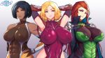  3girls abs alex_(totally_spies) armpits arms_up black_hair blonde_hair blue_eyes bodysuit breasts brown_eyes clover_(totally_spies) coat cosplay covered_nipples cowboy_shot dark_skin gloves green_eyes hands_on_hips highres igawa_sakura igawa_sakura_(cosplay) large_breasts long_hair looking_at_viewer multiple_girls nachtness red_hair sam_(totally_spies) short_hair taimanin_(series) taimanin_asagi taimanin_suit totally_spies 