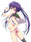  ass blush bra breasts choker commentary_request ebisuzawa_kurumi from_behind gakkou_gurashi! grin hair_ribbon highres long_hair looking_at_viewer looking_back medium_breasts michairu open_clothes outline panties purple_eyes purple_hair ribbon school_uniform simple_background smile solo striped striped_bra striped_panties thighhighs twintails underwear v very_long_hair white_background wristband 
