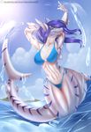  2015 anthro bikini blue_eyes blue_hair breasts camel_toe clothed clothing doomthewolf female fish hair hi_res looking_at_viewer marine non-mammal_breasts partially_submerged raised_arm shark skimpy solo stripes swimsuit tongue tongue_out water 