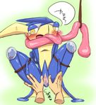  amphibian bdsm blush bondage bound censored clitoris crying female first_person_view frog gaping gaping_pussy greninja human japanese_text kiriya mammal nintendo open_mouth pok&eacute;mon pussy rope solo tears text tongue video_games yellow_eyes 