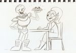  armor bone boots catnippackets chair clothing duo eye_patch eyes_closed eyewear female fish footwear hair hand_on_hip male marine monster open_mouth papyrus_(undertale) plate skeleton sketch smile spaghetti table undertale undyne 