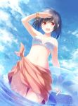  :d ahoge armpits bangle bangs bare_arms bare_shoulders black_hair blue_sky bracelet breasts cloud cloudy_sky collarbone condensation_trail day eyebrows_visible_through_hair fang front-tie_bikini front-tie_top hand_up highres innertube jewelry leyte looking_at_viewer medium_breasts navel open_mouth outdoors pointy_ears red_eyes sarong shading_eyes shameimaru_aya short_hair sidelocks sky smile solo standing sunlight touhou transparent upper_teeth wading water white_bikini_top 