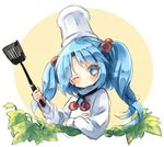  ;3 alternate_costume alternate_hair_length alternate_hairstyle aqua_hair arm_rest blue_eyes blue_hair chef_hat chef_uniform forbidden_scrollery hair_bobbles hair_ornament hat kawashiro_nitori leaf long_hair long_sleeves one_eye_closed piyokichi smile solo spatula toque_blanche touhou twintails two_side_up upper_body 
