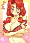  blush bra breasts cleavage earrings eyebrows jewelry large_breasts long_hair looking_at_viewer navel open_mouth original red_hair solo strap_slip suruga_kreuz sweatdrop tabitha_luvini twintails underwear yellow_eyes 
