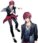  arms_at_sides black_footwear black_jacket black_pants chest_tattoo closed_mouth clothes_around_waist dynamic_chord fujiwara_ryo full_body honeybee_(otome) jacket jacket_around_waist kisaka_yorito looking_at_viewer male_focus multiple_views official_art open_clothes open_jacket outstretched_hand pants red_eyes red_hair shoes simple_background sleeves_pushed_up smile smirk standing starry_sky_print tattoo v-neck watch white_background wristwatch yellow_eyes 