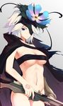  bare_legs blue_eyes bottomless breasts cape convenient_censoring eyepatch flamie_speeddraw flower gun hair_flower hair_ornament hairband large_breasts looking_at_viewer midriff navel no_panties rokka_no_yuusha short_hair solo weapon white_hair x2 