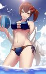  ball beachball bikini breasts brown_eyes brown_hair bu_li chestnut_mouth cloud day flower hair_flower hair_ornament hibiscus highres kaga_(kantai_collection) kantai_collection large_breasts lens_flare navel open_mouth short_hair side-tie_bikini side_ponytail signature sky solo standing swimsuit underboob wading water 