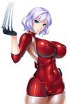  armpit_cutout armpits blue_eyes breasts claws covered_navel covered_nipples gloves hand_on_hip large_breasts looking_at_viewer rindou_(radical_dream) shiny shiny_clothes short_hair silver_hair skin_tight solo taimanin_(series) taimanin_asagi 