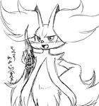  ambiguous_gender delphox eyelashes fire japanese_text kiriya looking_at_viewer monochrome nintendo open_mouth pok&eacute;mon simple_background sketch teeth text tongue video_games 