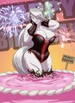  2014 anthro big_breasts blue_eyes breasts cake cleavage clothed clothing corset english_text equine female fireworks food gloves hair hair_over_eye happy_birthday horse huge_breasts mammal quickcake quicksand solo text toughset white_hair 