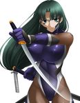  1girl aikawa_arisa bodysuit breasts dual_wielding female fishnets green_hair large_breasts lilith-soft long_hair ninja nipples serious solo taimanin_asagi taimanin_asagi_battle_arena tsukikage_eiya weapon 