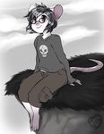  2014 anthro barefoot black_hair cliff clothed clothing eyewear fur glasses hair looking_away male mammal milo_(gioven) mouse restricted_palette rodent shirt shorts sitting smile solo white_fur yuuri 